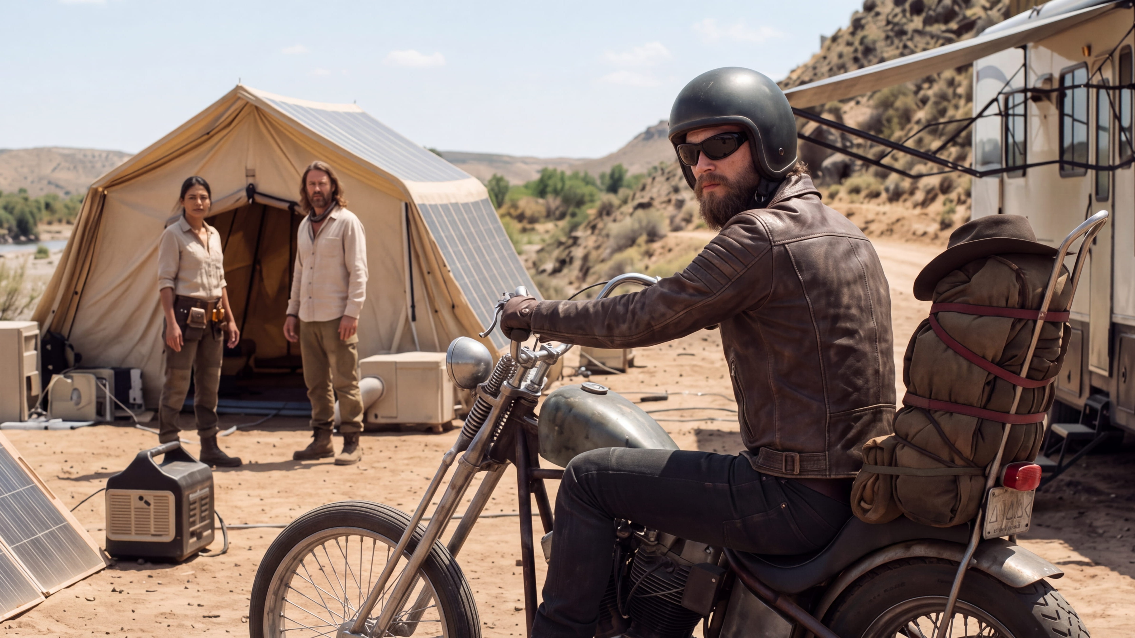 A rider arrives at an Arizona field camp with solar equipment