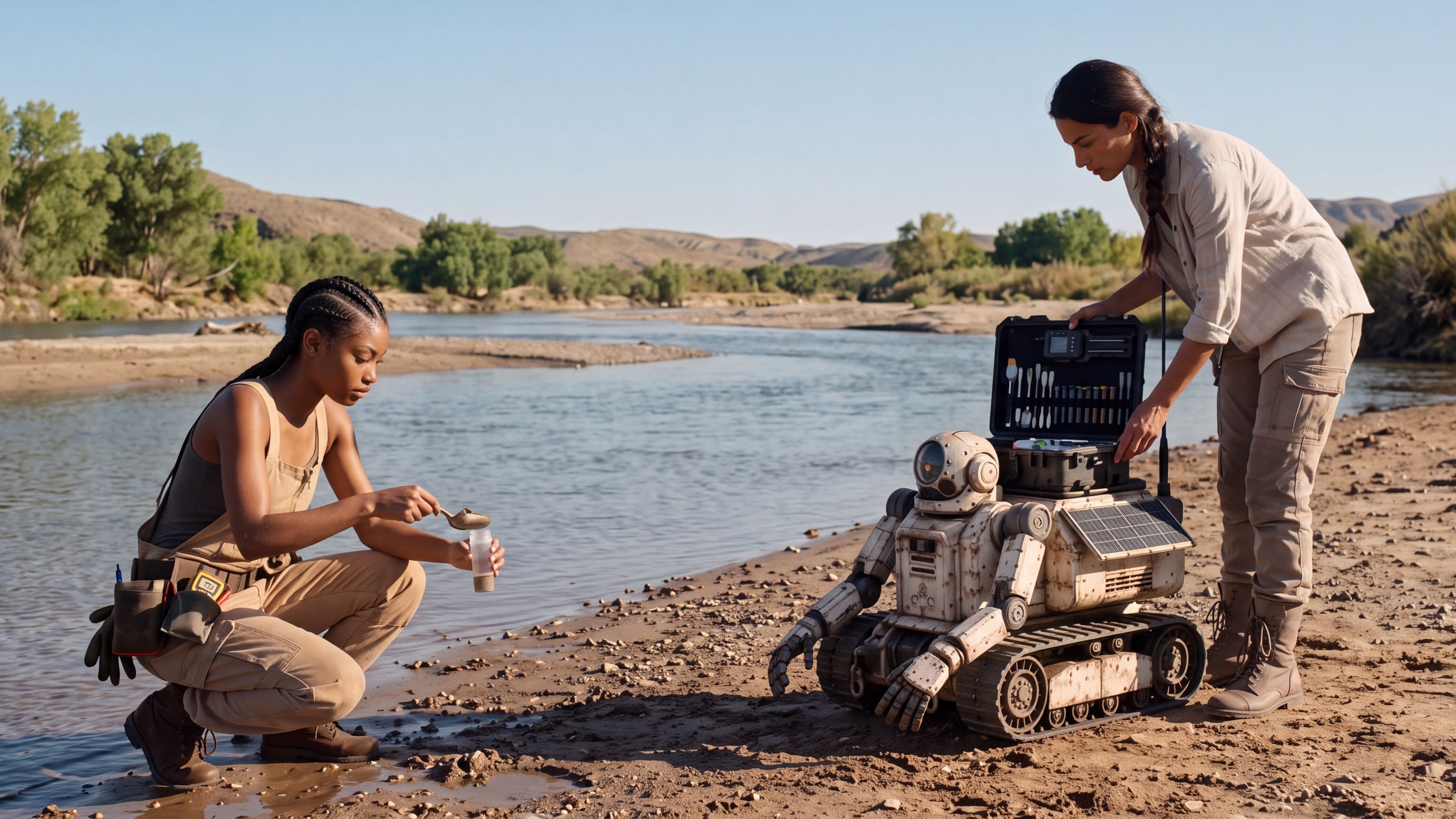 Field workers testing water beside a river in the Arizona landscape
