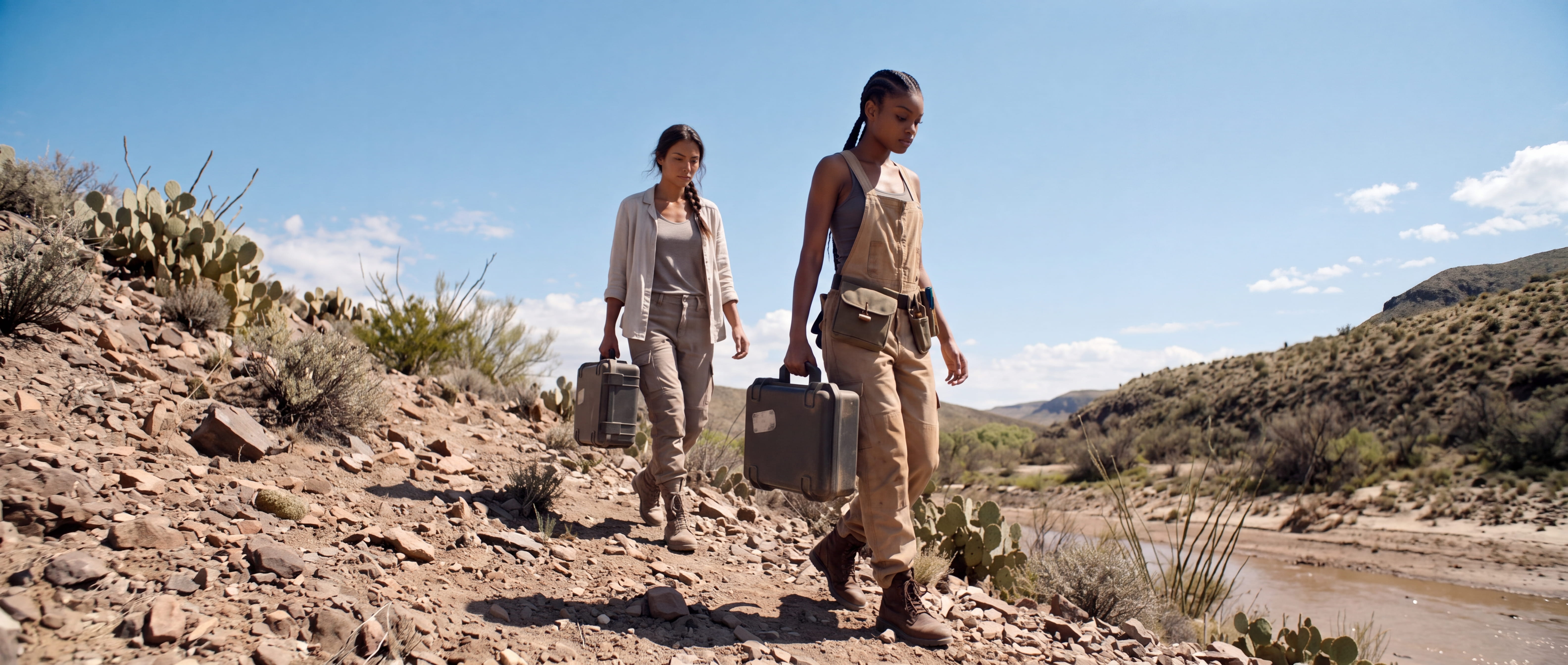 Mariana Solís Ortega and Naomi Simone Bennett carrying field cases along an Arizona riverbank