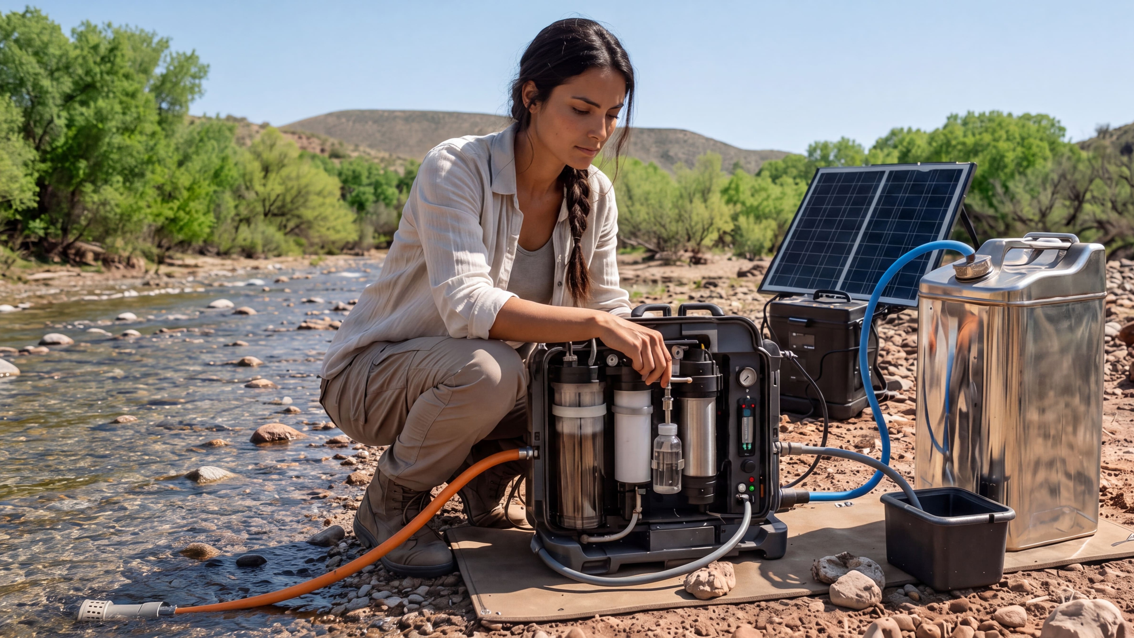 Mariana Solís Ortega checking water equipment beside a river