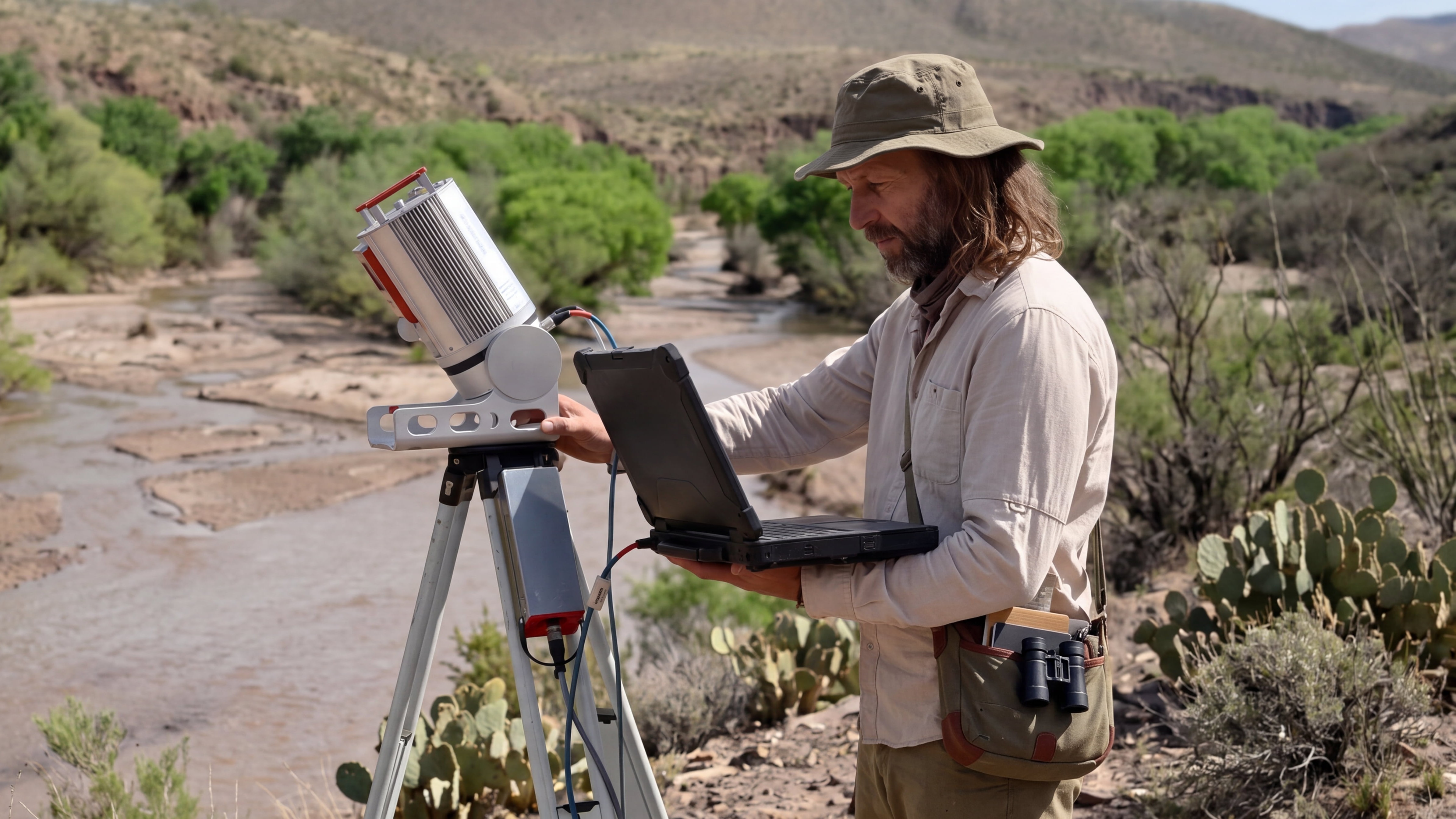 Nathan Thomas Callahan working with field equipment near the river