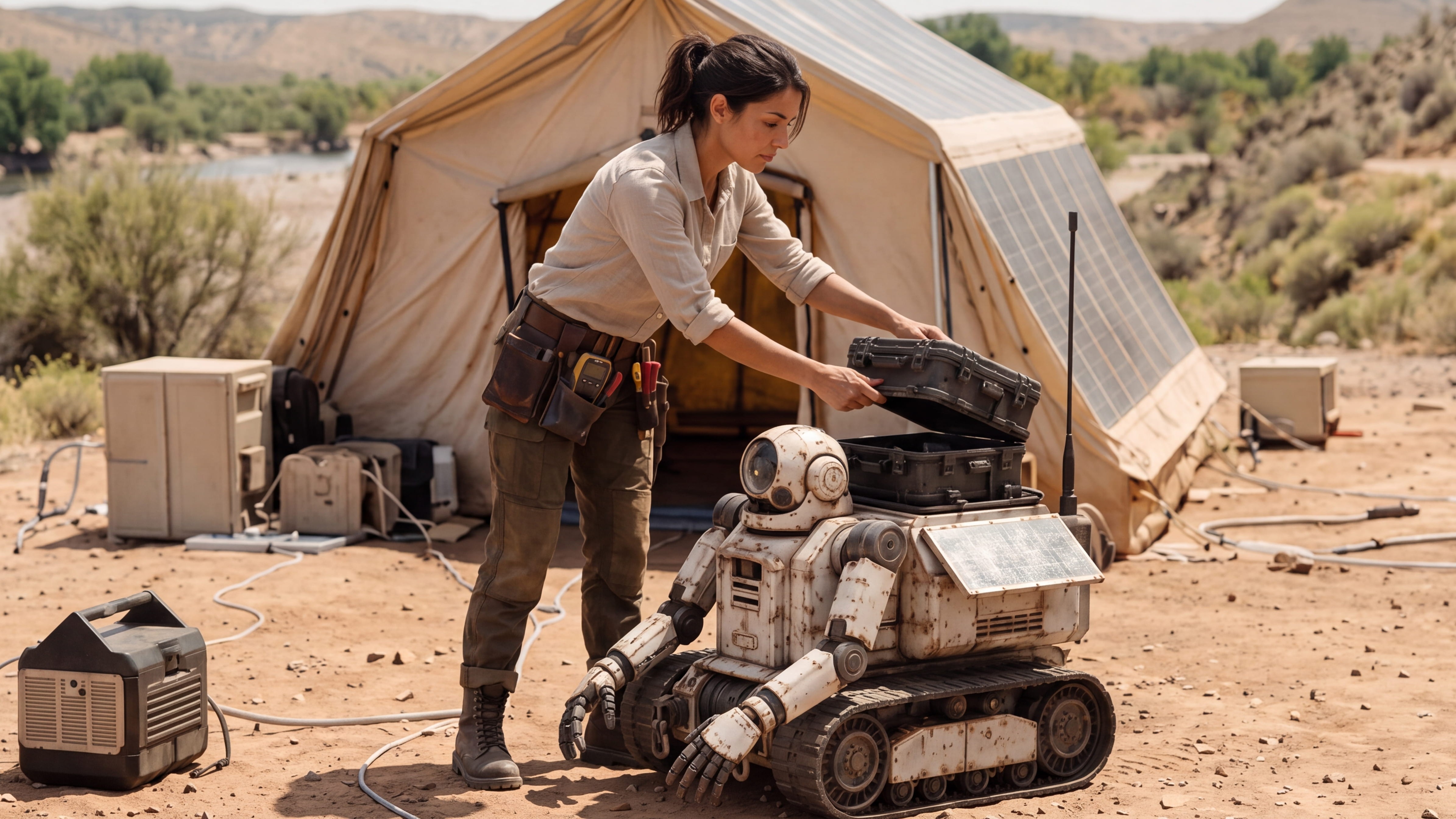 Teresa “Tess” Elena Valenzuela repairing field equipment at camp